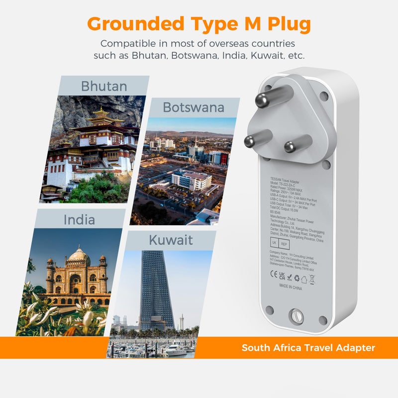 تيسان TESSAN South Africa Plug Adapter, Type M Travel Adaptor with USB C - Image 2