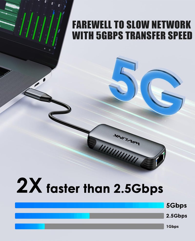 WAVLINK 5Gbps USB C to Ethernet Adapter, 5000Mbps USB-C to RJ45 Network Converter, Aluminum Case for Windows, Mac OS, iPad OS and More, RTL8157 Chipset, (5Gbps Need Type-C > 3.2) - Image 4