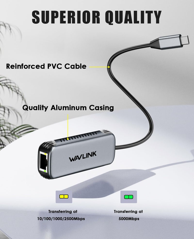 WAVLINK 5Gbps USB C to Ethernet Adapter, 5000Mbps USB-C to RJ45 Network Converter, Aluminum Case for Windows, Mac OS, iPad OS and More, RTL8157 Chipset, (5Gbps Need Type-C > 3.2) - Image 2