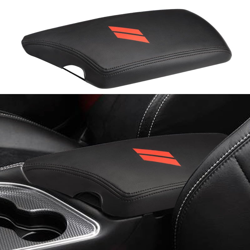 INTGET Car Center Console Armrest Cover for Dodge Challenger Accessories 2023 2022 2021 2020 2019 2018 2017 2016 2015 Interior Arm Rest Seat Cover Middle Console Lid Protector PadBlack Stitches