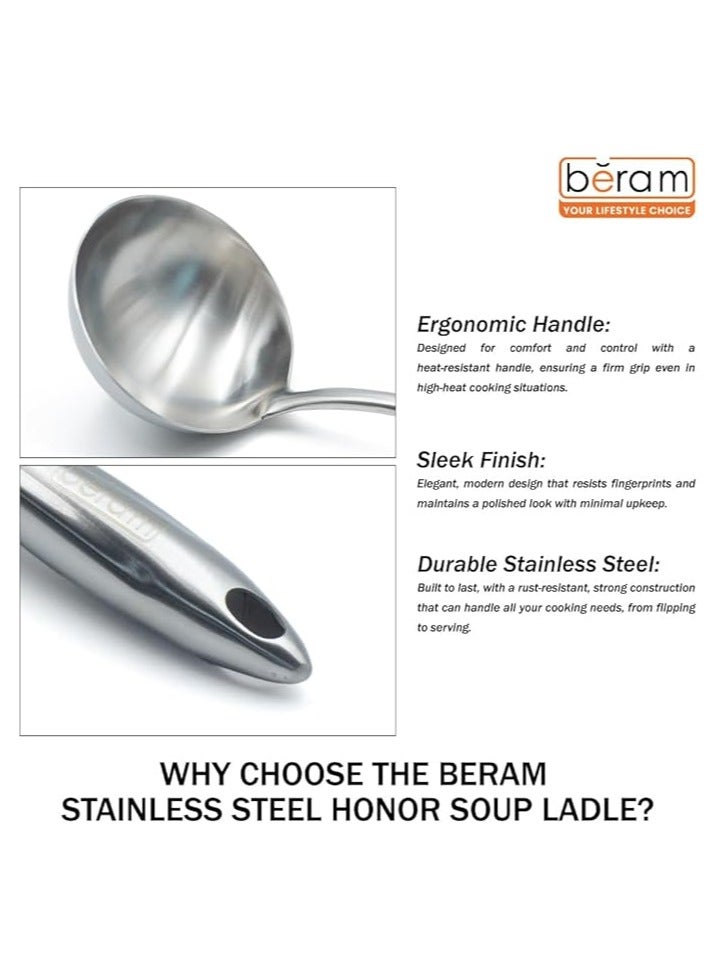 بيرام مغرفة شوربة BERAM، أدوات طهي من فولاذ مقاوم للصدأ 304، ملاعق صلصات وحساء، أداة مطبخ بمقابض مسطحة لتوفير قبضة مثالية، تصميم أنيق، باللون الفضي - Image 3
