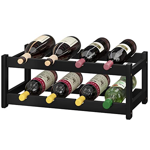 BAMEOS Wine Rack Freestanding 8 Bottle 2 Tier Bamboo Wine Racks Countertop Cabinet Wine Holder Wine Storage Shelf for Kitchen Bar Pantry Wine Cellar Countertop Black 1685 L x 925W x 7H