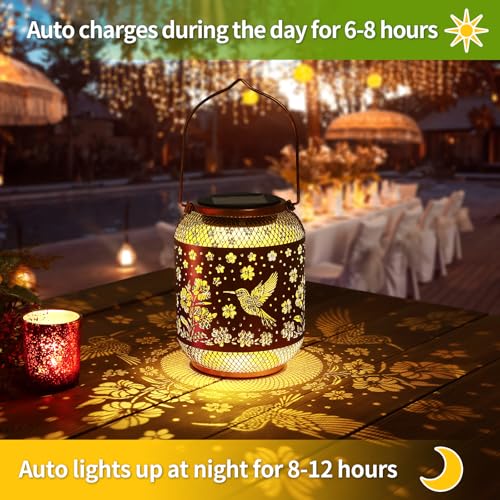 MESONDONA Solar Lanterns Outdoor Waterproof Hummingbird Garden Decor Birthday Gifts for Women Mom Grandma Hanging Solar Lights Metal Decoration Outside for Yard, Patio, Backyard, Porch, Pathway - Image 2