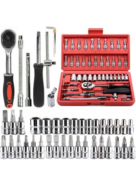 مجموعة أدوات ميكانيكية لإصلاح السيارات - 46 قطعة - 32x19.5x18 سم - احمر