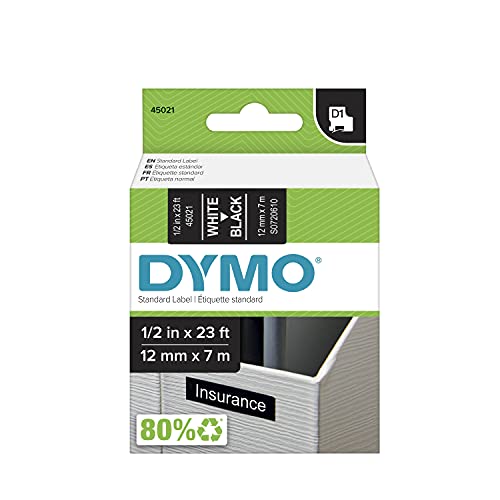 Dymo شريط DYMO الأسود مع طباعة بيضاء، 1/2 بوصة × 23 قدم، خرطوشة نمط D1 - Image 1