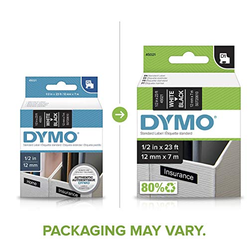 Dymo شريط DYMO الأسود مع طباعة بيضاء، 1/2 بوصة × 23 قدم، خرطوشة نمط D1 - Image 2