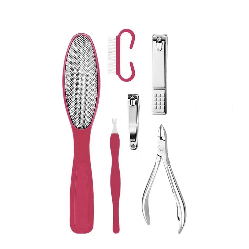 Plan A 6 in 1 Pedicure Set Professional Stainless Steel Pedicure Kit for Foot Care and Nail Care, Nail Clipper File Scraper Cuticle Remover with Brush, Tools for Men and Women (Red) - Image 1