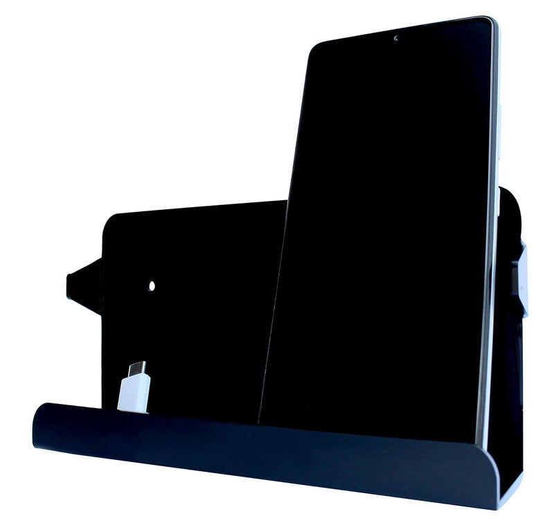 Unique Utilities Wall Mount Mobile Charging Stand – Holds 2 Phones | Acrylic Wall Mobile Holder for Charging | Phone Stand for Wall with Cable Slot (Black) - Image 1