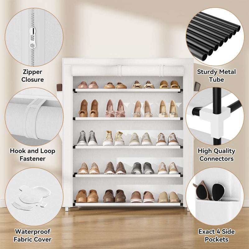 VILICK Shoe Rack with Cover, 5 Tier Shoe Organizer Storage for 20-24 Pair Shoes and Boots Large Shoe Storage Shelf Space Saving Vertical Shoe Rack for Closet, Front Door Entrance, Dorm, Garage, White - Image 4