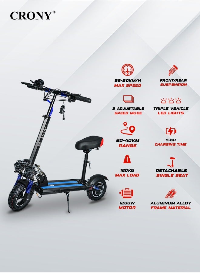 Crony سكوتر كهربائي V10 لجميع التضاريس، تعليق مزدوج، فرامل قرص هيدروليكية مزدوجة، دراجة كهربائية، قابلة للطي بسهولة، سكوتر كهربائي محمول للبالغين والأطفال، إطار ألمنيوم بسعة تحميل 120KG، تنقل حضري، أزرق - Image 2