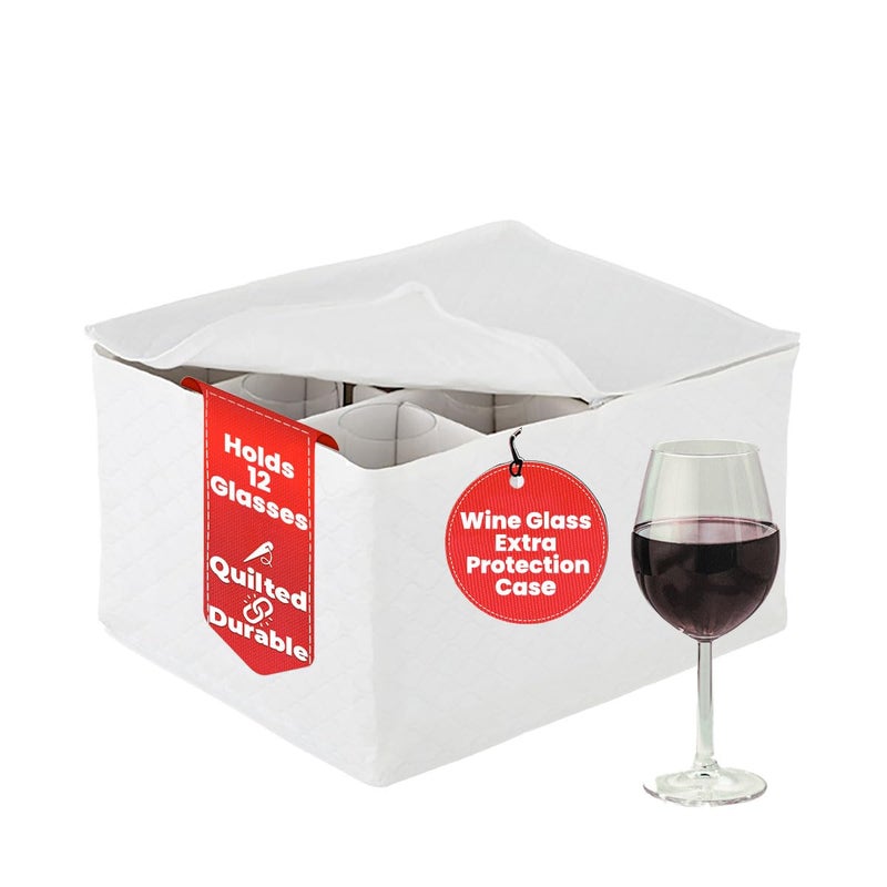 LAMINET LAMINET Quilted Wine Glass Storage Case  Holds Up to 12 Wine GlassTallStemware Glasses  WHITE 