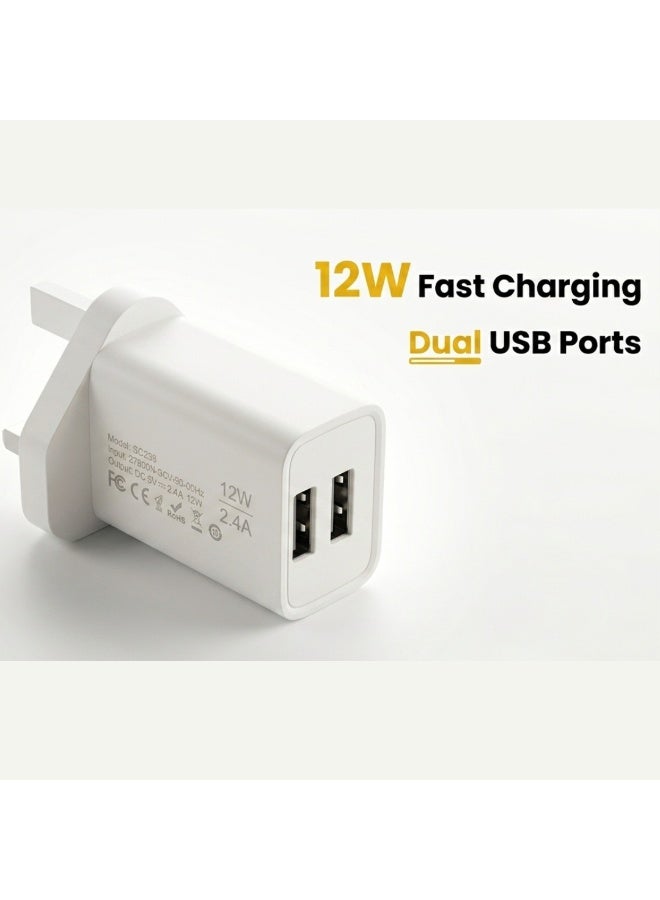شاحن حائط مزدوج USB للشحن السريع بقوة 12 واط - محول طاقة صغير وآمن للهواتف الذكية والأجهزة - أبيض - Image 1