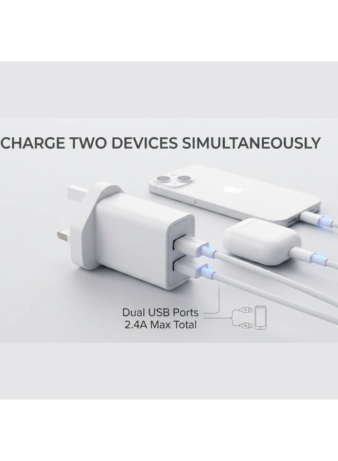 شاحن حائط مزدوج USB للشحن السريع بقوة 12 واط - محول طاقة صغير وآمن للهواتف الذكية والأجهزة - أبيض - Image 4