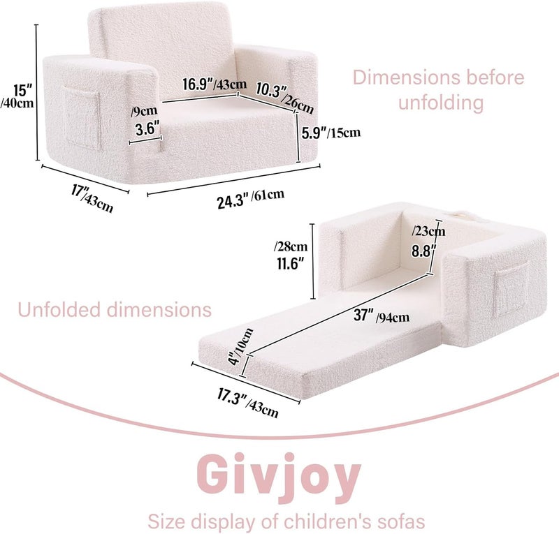 Givjoy كرسي الأطفال الصغار أريكة أطفال شيربا، كرسي استرخاء أطفال ناعم 2 في 1 لغرفة النوم، أريكة قابلة للتحويل للبنات والبنين، كرسي قراءة، بيج - Image 3