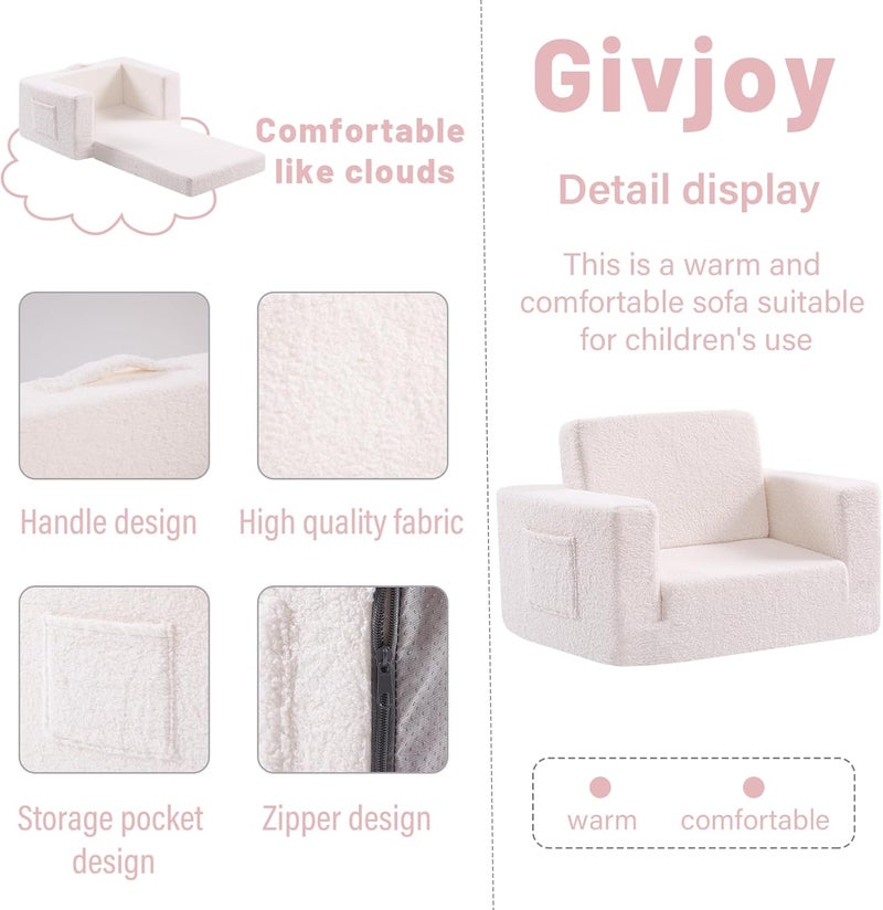Givjoy كرسي الأطفال الصغار أريكة أطفال شيربا، كرسي استرخاء أطفال ناعم 2 في 1 لغرفة النوم، أريكة قابلة للتحويل للبنات والبنين، كرسي قراءة، بيج - Image 4
