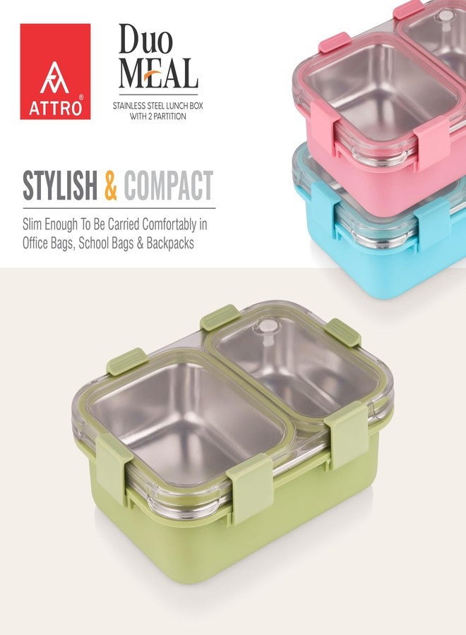 ATTRO Duo Meal Stainless Steel Lunch Box with 2 Partition, Microwave Safe, Airtight Leakproof Silicone Seal Lid, BPA-Free Food Grade Tiffin Box for Office School Kids – 650ml – Green - Image 4