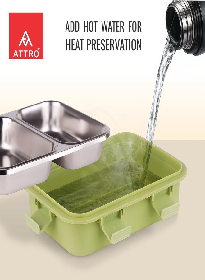 ATTRO Duo Meal Stainless Steel Lunch Box with 2 Partition, Microwave Safe, Airtight Leakproof Silicone Seal Lid, BPA-Free Food Grade Tiffin Box for Office School Kids – 650ml – Green - Image 2