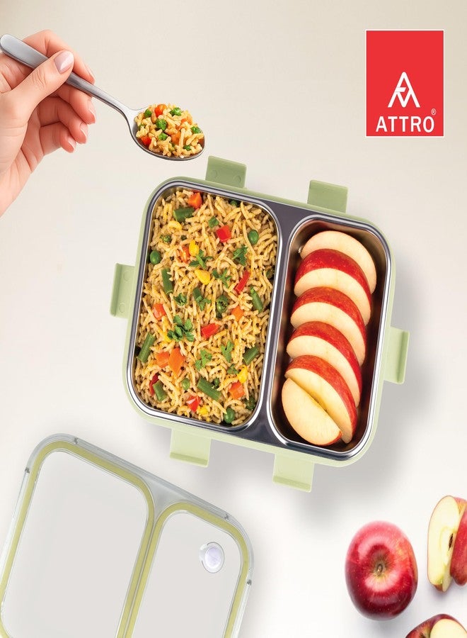 ATTRO Duo Meal Stainless Steel Lunch Box with 2 Partition, Microwave Safe, Airtight Leakproof Silicone Seal Lid, BPA-Free Food Grade Tiffin Box for Office School Kids – 650ml – Green - Image 3