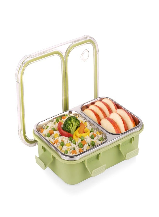 ATTRO Duo Meal Stainless Steel Lunch Box with 2 Partition, Microwave Safe, Airtight Leakproof Silicone Seal Lid, BPA-Free Food Grade Tiffin Box for Office School Kids – 650ml – Green - Image 1