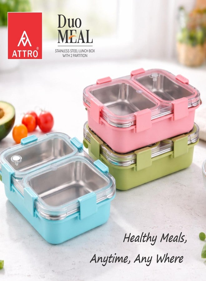 ATTRO Duo Meal Stainless Steel Lunch Box with 2 Partition, Microwave Safe, Airtight Leakproof Silicone Seal Lid, BPA-Free Food Grade Tiffin Box for Office School Kids – 650ml – Green - Image 5