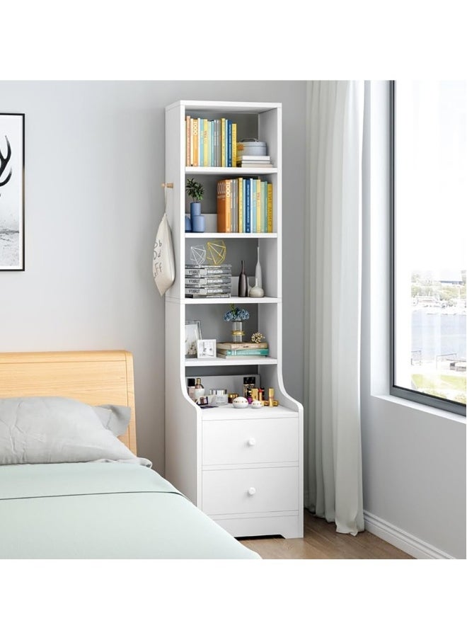 Tall bedside table shelf simple and luxurious nordic style ins minimalist storage small bedside storage cabinet with two drawers(White)