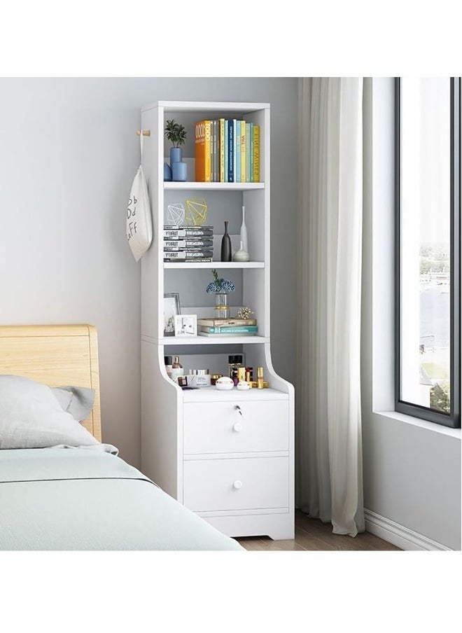Tall bedside table shelf simple and luxurious nordic style ins minimalist storage small bedside storage cabinet with two drawers(White)