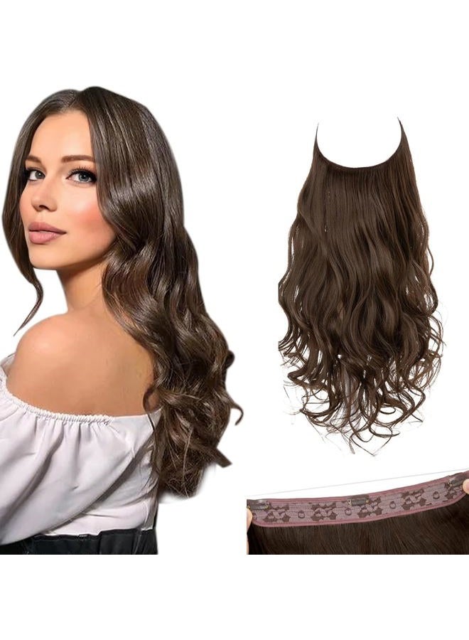 SARLA Invisible Wire Hair Extensions with 3 Clips Long Synthetic Wavy Curly Hairpiece Adjustable Transparent Headband for Women 18 Inch Medium Brown - Image 1