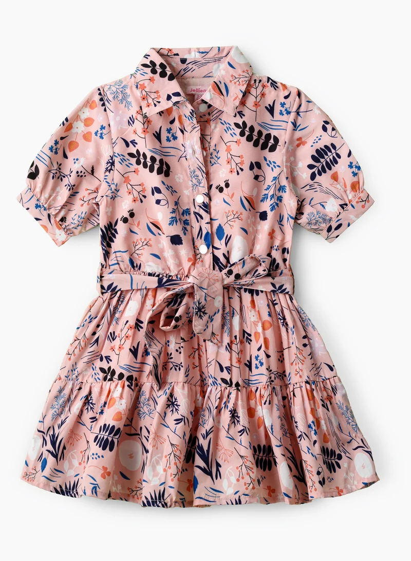جيلين Girls Pink Belted Shirt Collar Printed Dress