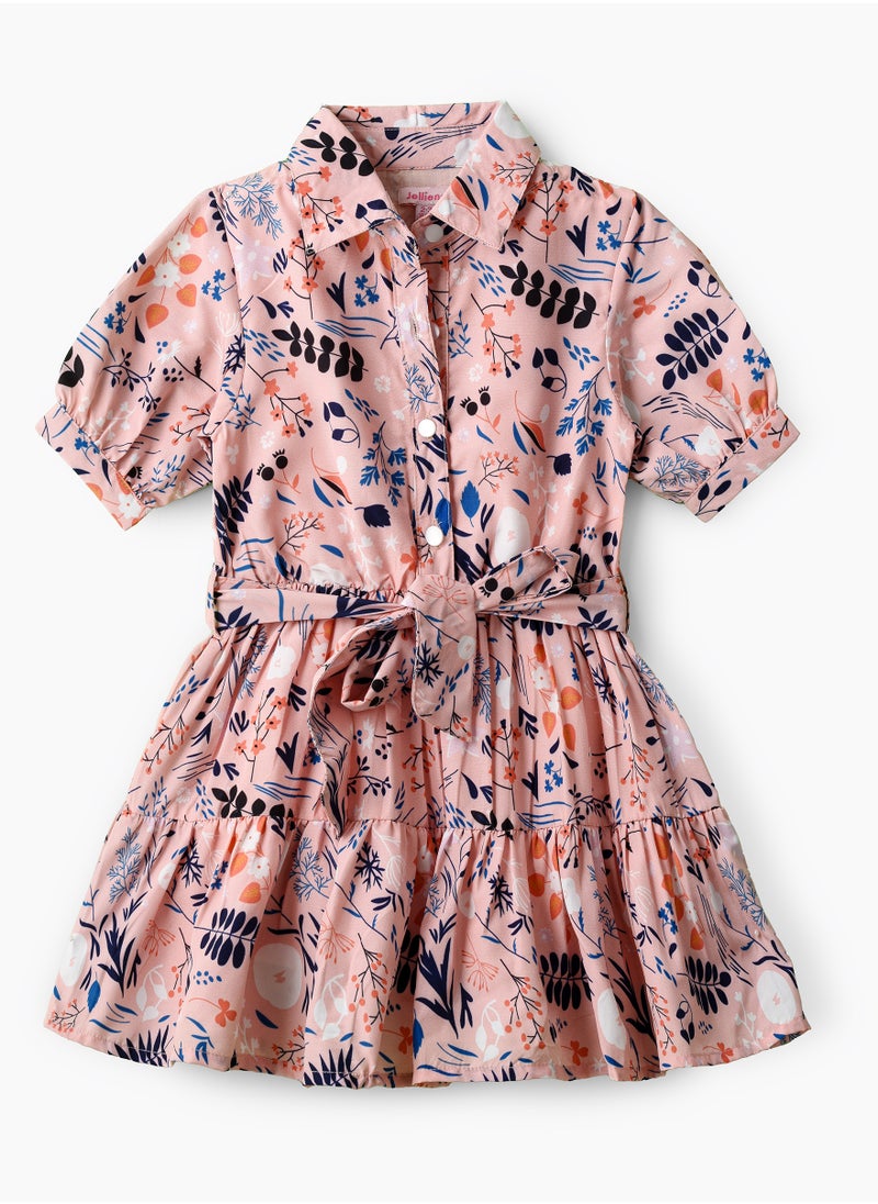 Jelliene Girls Pink Belted Shirt Collar Printed Dress  - Image 1