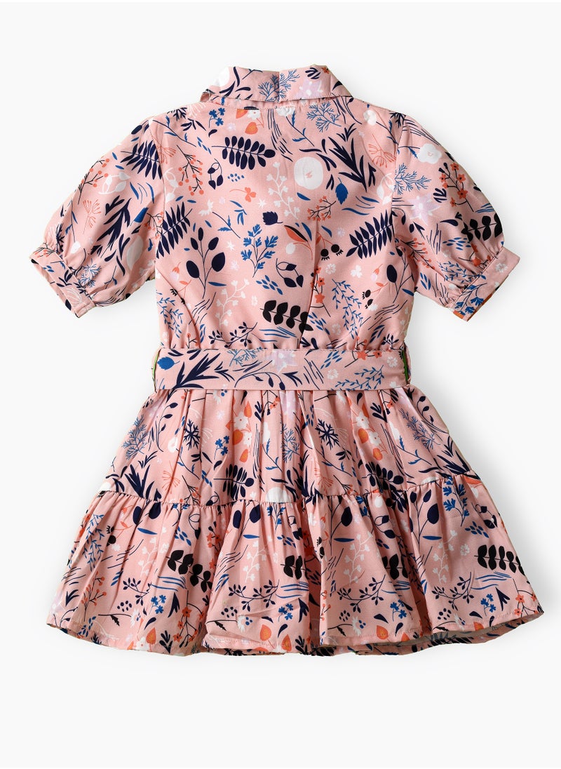 Jelliene Girls Pink Belted Shirt Collar Printed Dress  - Image 2