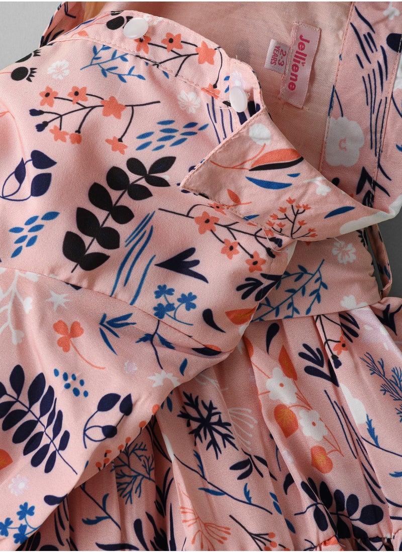 Jelliene Girls Pink Belted Shirt Collar Printed Dress  - Image 4