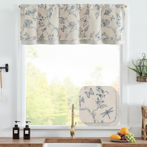 jinchan Floral Curtain Valance for Windows 16 Inch Linen Valance for Kitchen Living Room Rustic Cottage Farmhouse Flower Butterfly Curtain Rod Pocket 1 Panel Double Layer Blackout Blue on Beige - Image 3