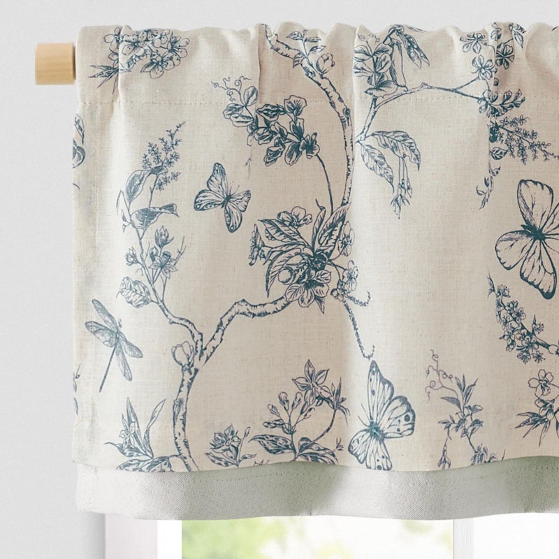 jinchan Floral Curtain Valance for Windows 16 Inch Linen Valance for Kitchen Living Room Rustic Cottage Farmhouse Flower Butterfly Curtain Rod Pocket 1 Panel Double Layer Blackout Blue on Beige - Image 2