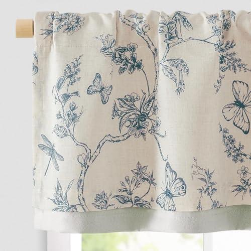 jinchan Floral Curtain Valance for Windows 16 Inch Linen Valance for Kitchen Living Room Rustic Cottage Farmhouse Flower Butterfly Curtain Rod Pocket 1 Panel Double Layer Blackout Blue on Beige - Image 1