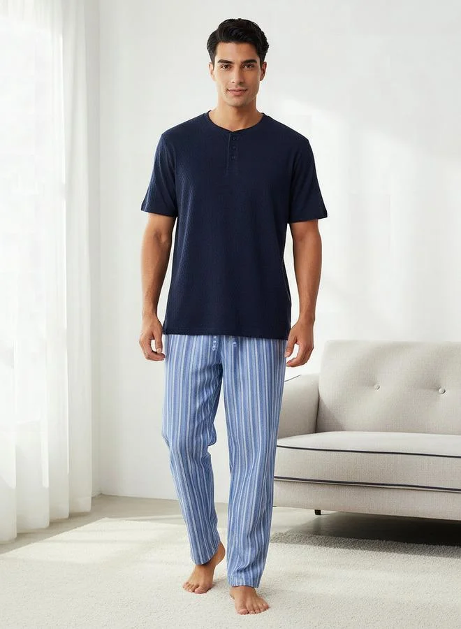 Men Cotton Striped Button Front Nightwear Set