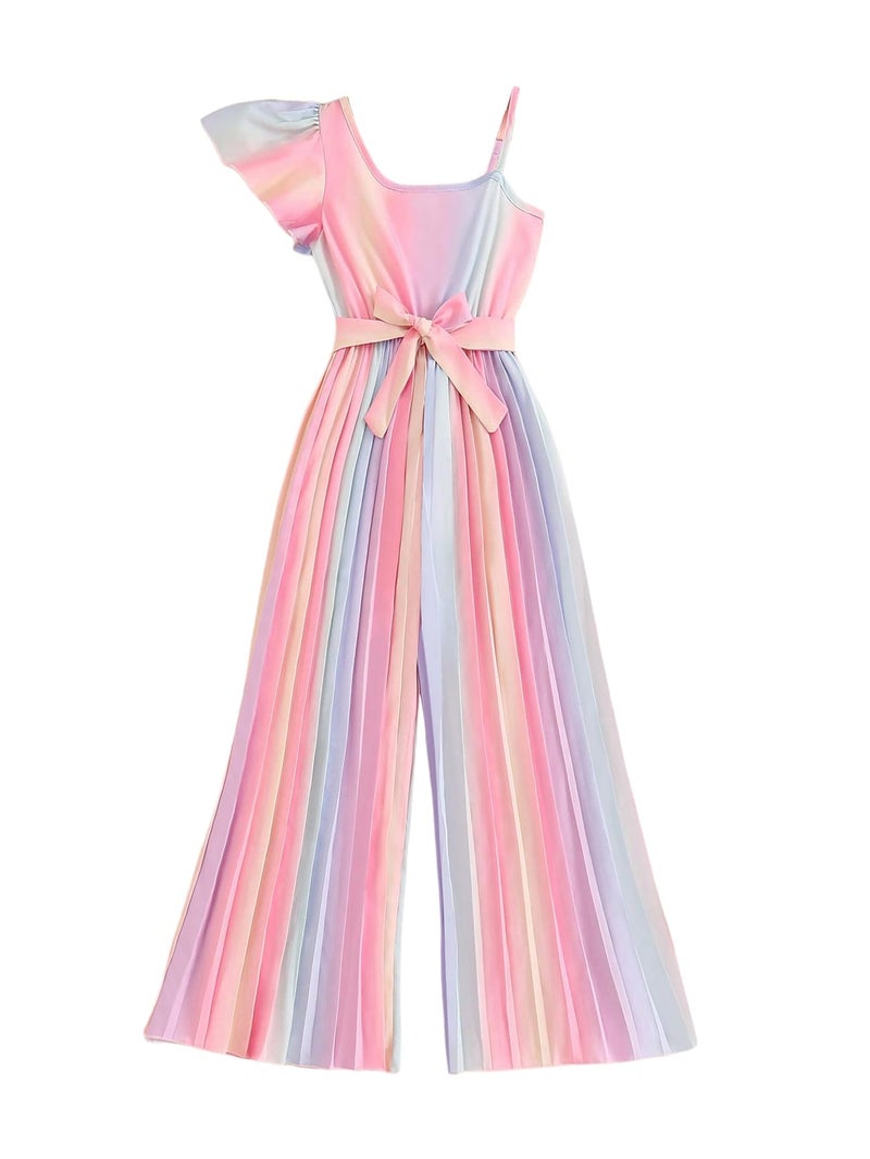OYOANGLE Girl's Rainbow Asymmetrical Neck Jumpsuits Ruffle Short Sleeve Belted Long Rompers Multicolor 10Y - Image 1