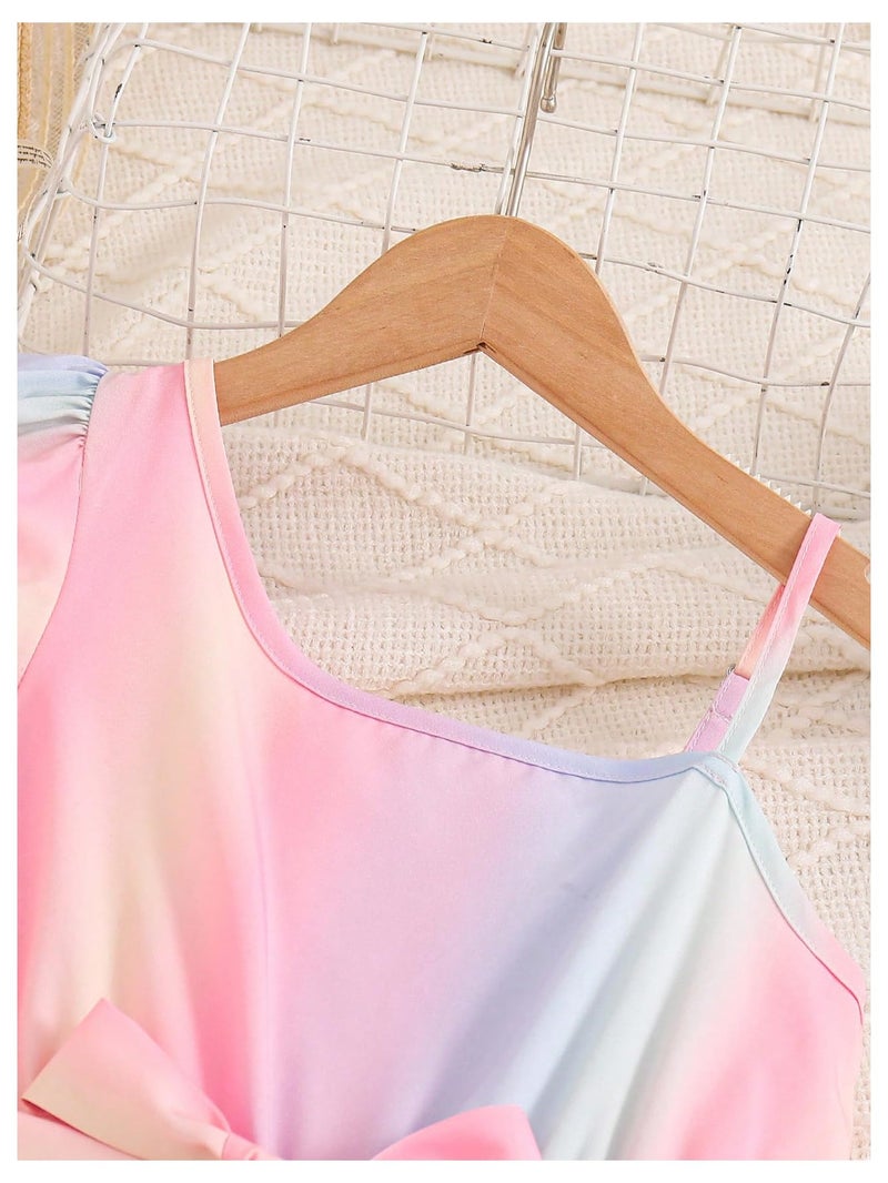OYOANGLE Girl's Rainbow Asymmetrical Neck Jumpsuits Ruffle Short Sleeve Belted Long Rompers Multicolor 10Y - Image 3