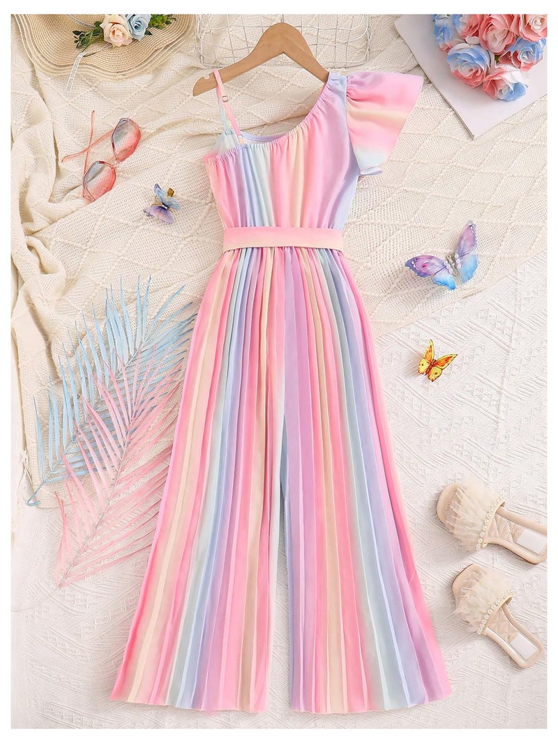 OYOANGLE Girl's Rainbow Asymmetrical Neck Jumpsuits Ruffle Short Sleeve Belted Long Rompers Multicolor 10Y - Image 2