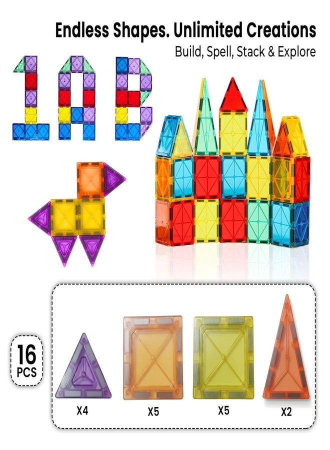 TOYTASTIC Magnetic Tiles Building Blocks for Kids Preschool Educational Magnetic Construction Toys for Creative Learning & Brain Development Safe STEM Toy for Toddlers Age 3–8 Years (16 Pieces) - Image 3