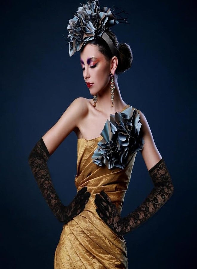 Yanwenx Lace Gloves Long Opera Gloves Elbow Length for Women Party Dress Costume Floral Prom Gloves Wedding_Black - Image 3