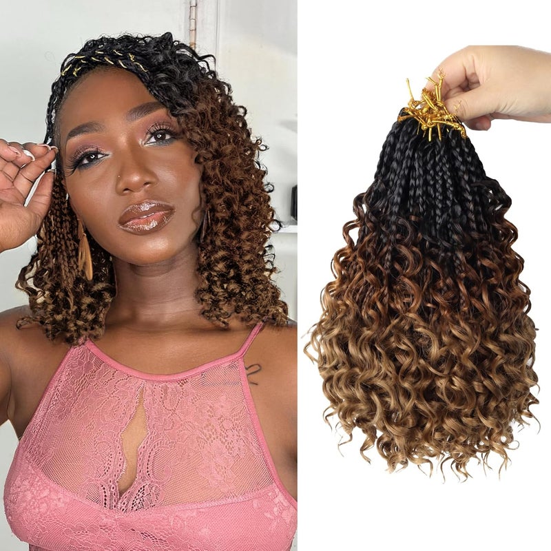 8 Packs Boho Box Crochet Braids Pre Looped with Curly Ends - 8 Inch Goddess Bohemian Box Braids Crochet Hair for Black Women Synthetic 3X Boho Braids Crochet Hair Extensions Pre Looped T1B-33-30