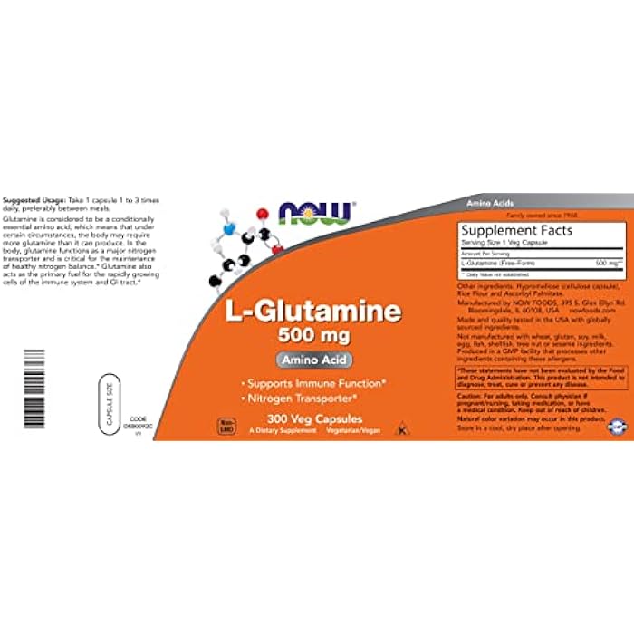 Now L-Glutamine 500mg 300 Veg Capsules - Non-GMO Supplement - Vegan Lglutamine Caps - Image 4