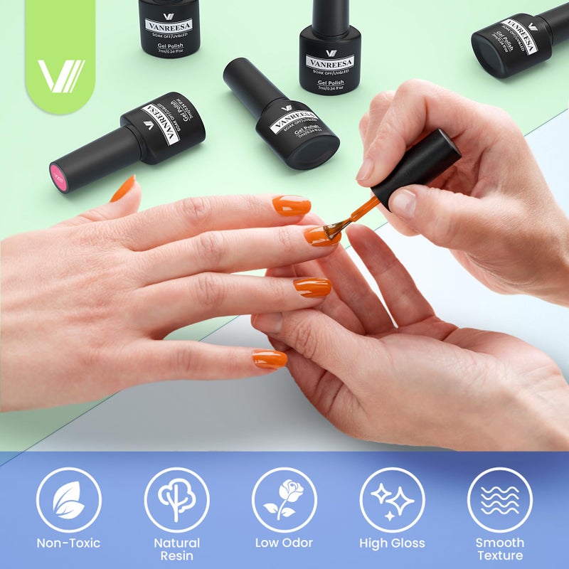 VANREESA 24 Pcs Gel Nail Polish Set, 21 Colors Gel Polish with Base Coat Glossy & Matte Top Coat Pink Red Yellow Orange Green Brown Blue Purple Gel Polish Kit Nail Kit Gifts for Women Girls - Image 4