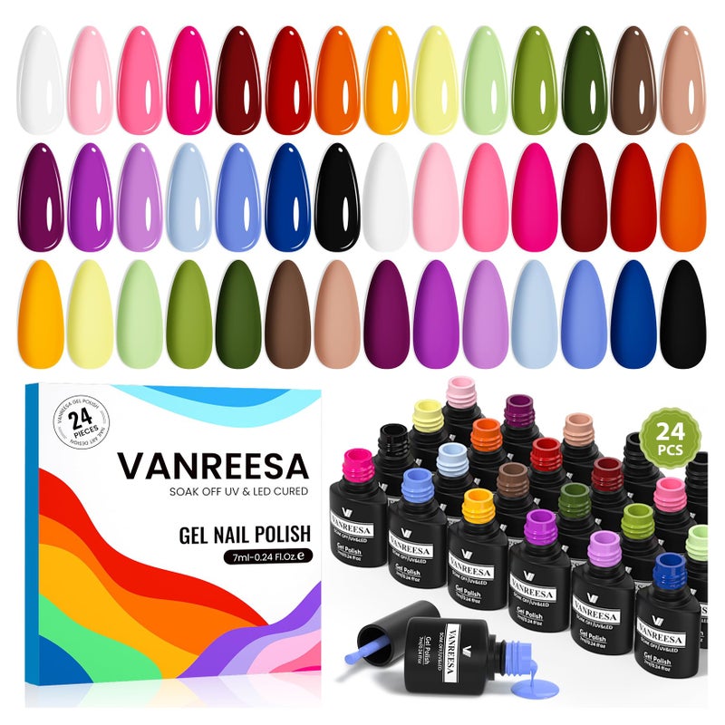 VANREESA 24 Pcs Gel Nail Polish Set, 21 Colors Gel Polish with Base Coat Glossy & Matte Top Coat Pink Red Yellow Orange Green Brown Blue Purple Gel Polish Kit Nail Kit Gifts for Women Girls - Image 1