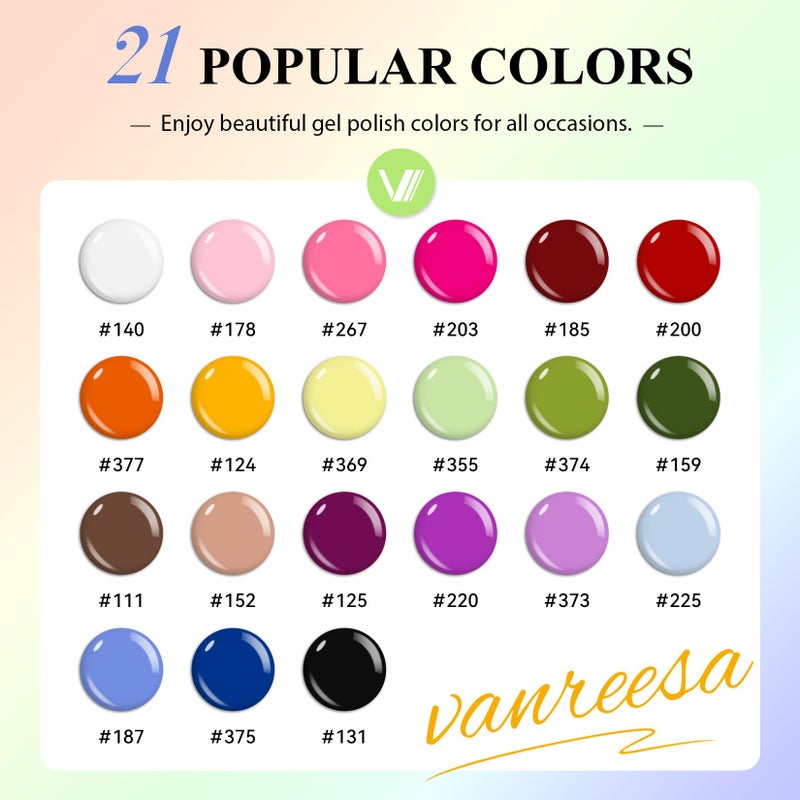 VANREESA 24 Pcs Gel Nail Polish Set, 21 Colors Gel Polish with Base Coat Glossy & Matte Top Coat Pink Red Yellow Orange Green Brown Blue Purple Gel Polish Kit Nail Kit Gifts for Women Girls - Image 2