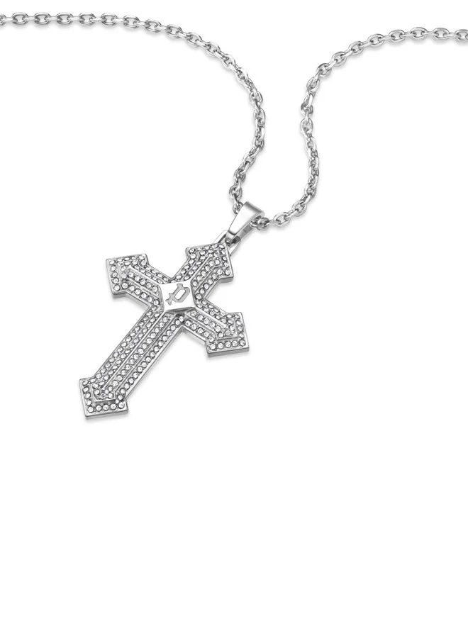 POLICE Stoneset Silver Cross P Logo Pendant Necklace For MenPEAGN0036501