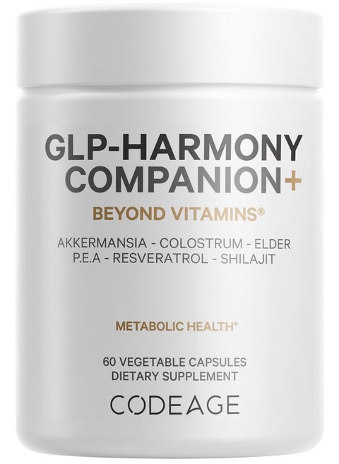 Codeage GLP-Harmony Companion+ Supplement - GLP-1 Agonist Support - Lion's Mane, Pea, Colostrum, Shilajit, Akkermansia, Elder, Citrus Bioflavonoids, Broccoli, Resveratrol - Non-GMO - 60 Capsules