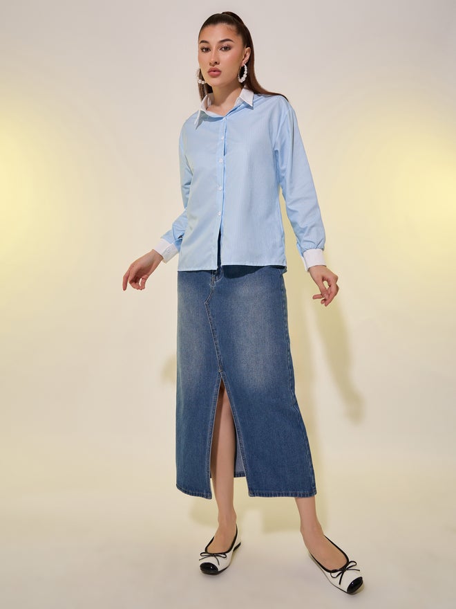 Take Two Take Two Striped Contrasted Spread Collar Oversized Shirt  - Image 2