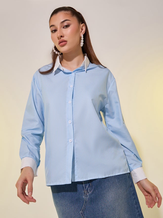 Take Two Take Two Striped Contrasted Spread Collar Oversized Shirt  - Image 1