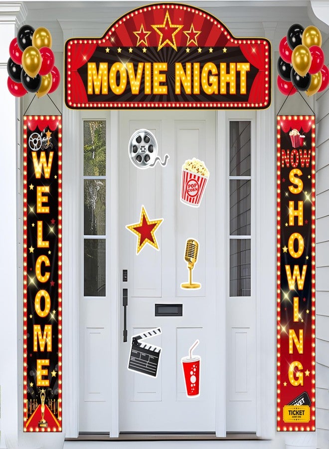 Freesdai Movie Night Party Decorations Set- 3pcs Red Home Theater Porch Sign Banner with 24 Balloons, 6 Props for Birthday Supplies, Door Backdrop - Image 1